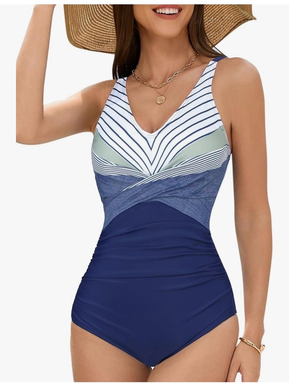 American Threads Navy, White & Sage V-Neck One-Piece Swimsuit modest coverage